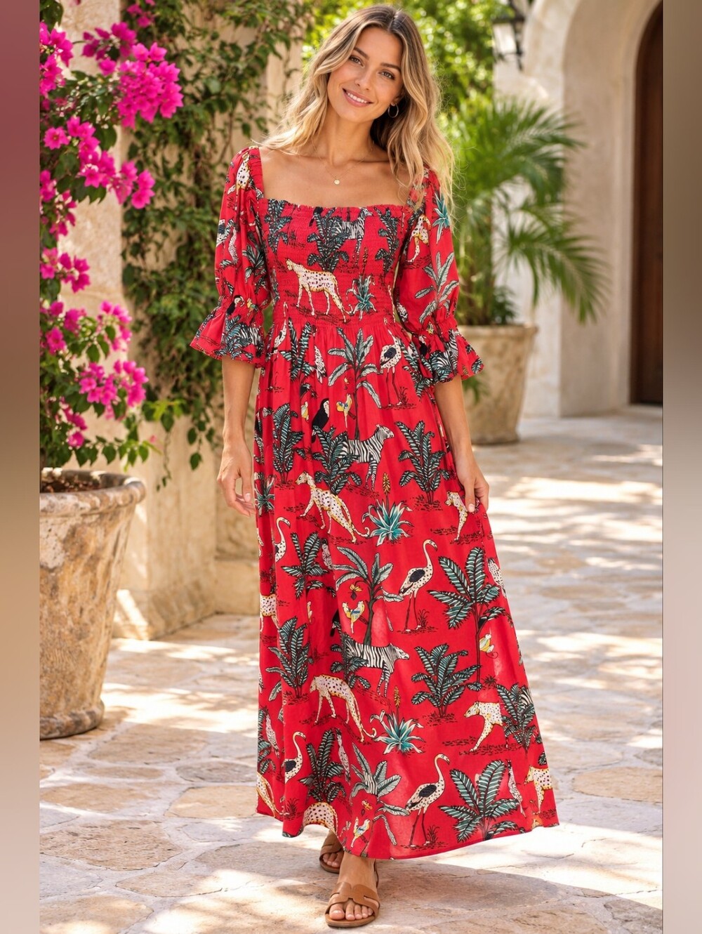 Mary Marshmallow Red Boho Safari Animal Print Smocked Maxi Dress Small